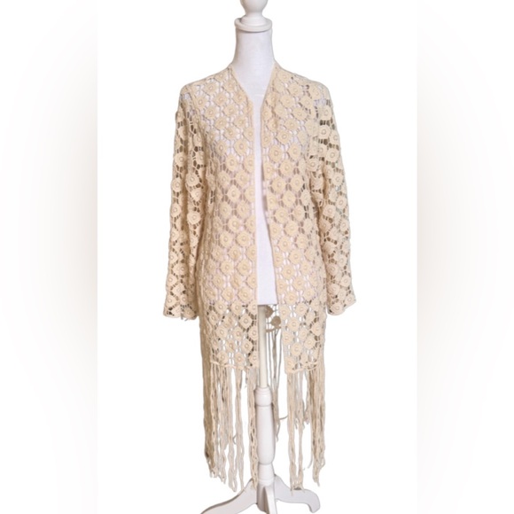 Rebellion Sweaters - Rebellion Ivory Crochet Lace Fringe Kimono Cardigan